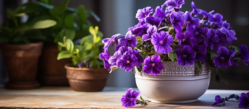 A plant pot with violet flowers stands on a wooden table, adding a touch of color to the rooms decor