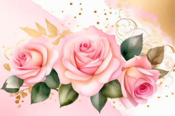 Greeting card with pastel pink beautiful roses and delicate gold leaf accents in watercolor style.