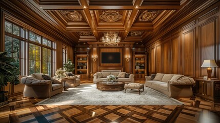 Fototapeta na wymiar Interior of an elegant and spacious living room with wood paneling walls, ceiling coffered in dark brown wood. Generative AI.