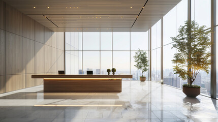 Minimalist lobby design with clean lines and a reception desk bathed in natural light from floor-to-ceiling windows, offering panoramic cityscape views. - obrazy, fototapety, plakaty
