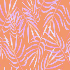 Pink palm leaves seamless pattern on orange background