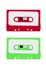 Obraz premium Close-up of an audio cassette with a white sticker without text. Analog storage medium. Cassettes for audio recordings and music.