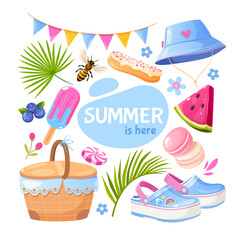 Collection of summer elements with tropical leaves, garland, beach clothes, fruits, berries and sweets.

