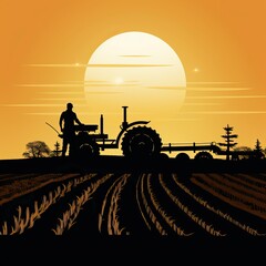 SIlhouette of farmer on tractor fixed with harrow plowing machine