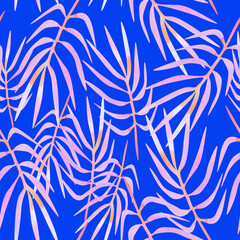 Tropical seamless pattern of pink palm watercolor leaves on blue background