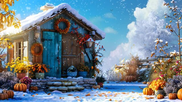 Cozy winter scene with a house surrounded by pumpkins in the snow. Seamless Looping 4k Video Animation