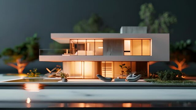 This 3D architectural mock-up presents a modern house design with minimalist aesthetics, surrounded by detailed landscaping and a tranquil water feature, epitomizing luxury and contemporary living.