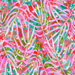 Abstract tropical seamless print on colorful watercolor background