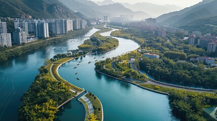 The winding river in the city urban park is surrounded by mountains, with buildings on both sides...