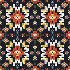 Seamless pattern that replicates a traditional cross-stitch embroidery design contrast to geometric shapes and motifs that emulate the classic cross-stitch technique.