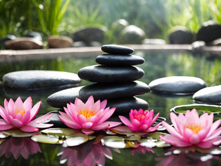 Obraz premium Lotus and balanced stones stack in water in pond. AI generated image, ai. Balanced stones stack in water.