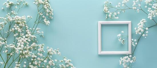 Fototapeta premium Romantic floral arrangement with white baby's breath flowers and a picture frame on a soft blue backdrop. Perfect for occasions like Valentine's Day, Easter, birthdays, Women's Day, and Mother's Day.