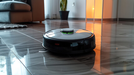 Sweeping robot, white robotic vacuum cleaner on laminate floor cleaning dust in living room. Generative AI.