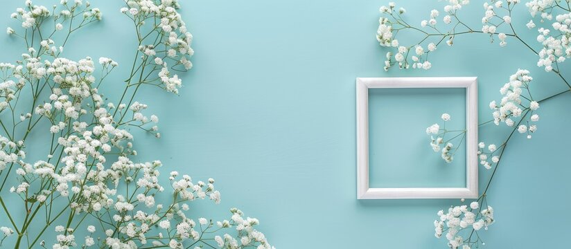 Romantic floral arrangement with white baby's breath flowers and a picture frame on a soft blue backdrop. Perfect for occasions like Valentine's Day, Easter, birthdays, Women's Day, and Mother's Day.