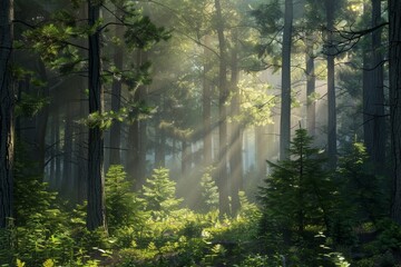 A tranquil forest glen filled with towering pine trees and lush undergrowth, with sunlight filtering through the canopy to create a magical, ethereal atmosphere - obrazy, fototapety, plakaty