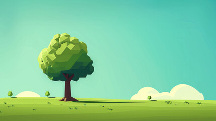 Minimalist Background with Tree in Bright Meadow