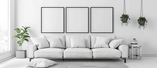 Contemporary, minimalist white interior design featuring a white sofa in the living room setup, ideal for showcasing posters. High-quality photograph.