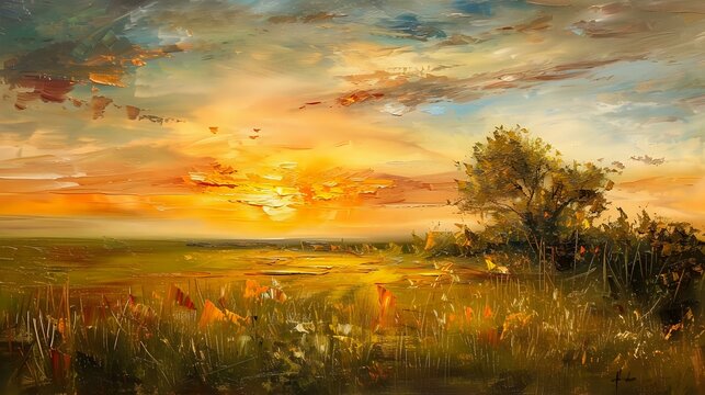 Artistic Expression: Oil Painting Depicts the Tranquil Sunrise Scene in Field