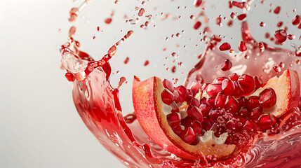 Dynamic pomegranate juice splash with fresh fruit pieces against a vibrant background