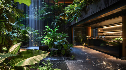 Nature's embrace in the lobby, with a reception desk surrounded by lush foliage and cascading water features blurring indoor-outdoor boundaries. - obrazy, fototapety, plakaty