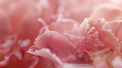 An enchanting close-up of a snowflake resting on the soft, velvety surface of a rose petal, with soft natural light casting a warm glow on the delicate scene.