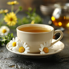 Obraz na płótnie Canvas Cup of camomile tea with camomile flowers ai technology