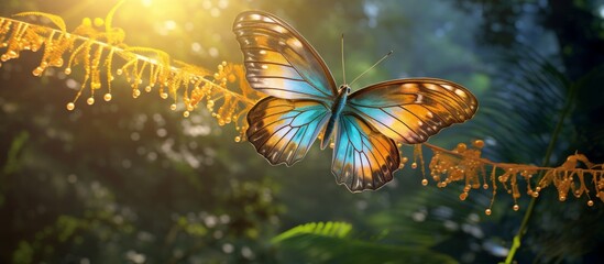 A pollinator, butterfly, insect, arthropod, is perched on a branch in the woods, surrounded by moths and butterflies, terrestrial plants, and the natural landscape - obrazy, fototapety, plakaty