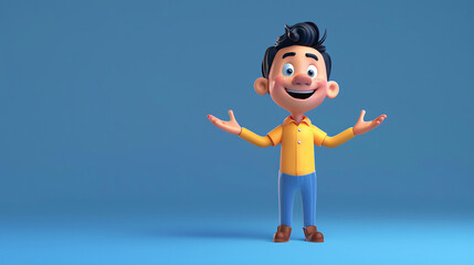 3D rendering of a happy and cheerful cartoon boy character with black hair and blue eyes.