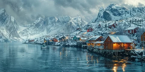 Quaint Norwegian village with snow-covered roofs in the islands during the twilight hour © bluebeat76