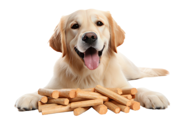 Dog Laying Next to Pile of Wooden Sticks. On a Clear PNG or White Background.