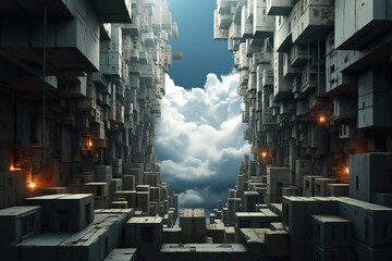 Naklejka premium Dystopian Vertical Cityscape with Clouds Above. 
