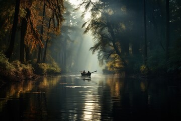 Canoeing Through a Misty Forest River at Sunrise. 