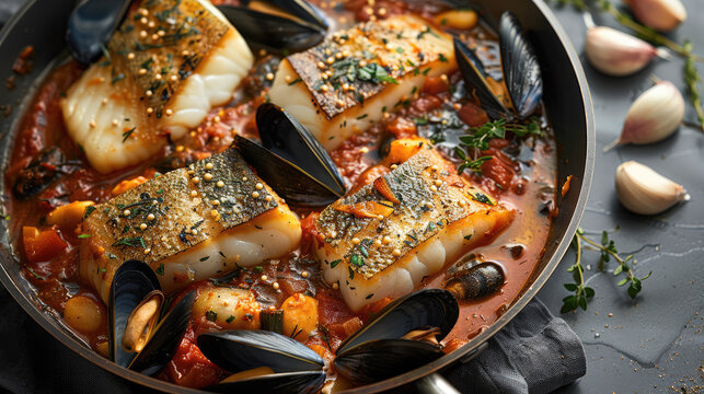 Overhead view of cod and mussels with sauce in the pan. Generative AI.