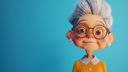 This is a 3D rendering of an elderly woman. She is wearing glasses and has a kind smile on her face. The background is a solid color.