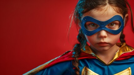 Young child in superhero costume posing with heroic confidence