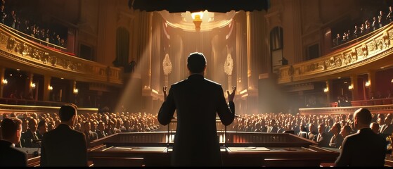 A man stands in front of a large audience in a theater. The man is dressed in a suit and tie and is giving a speech. The audience is filled with people, and the atmosphere is tense and serious