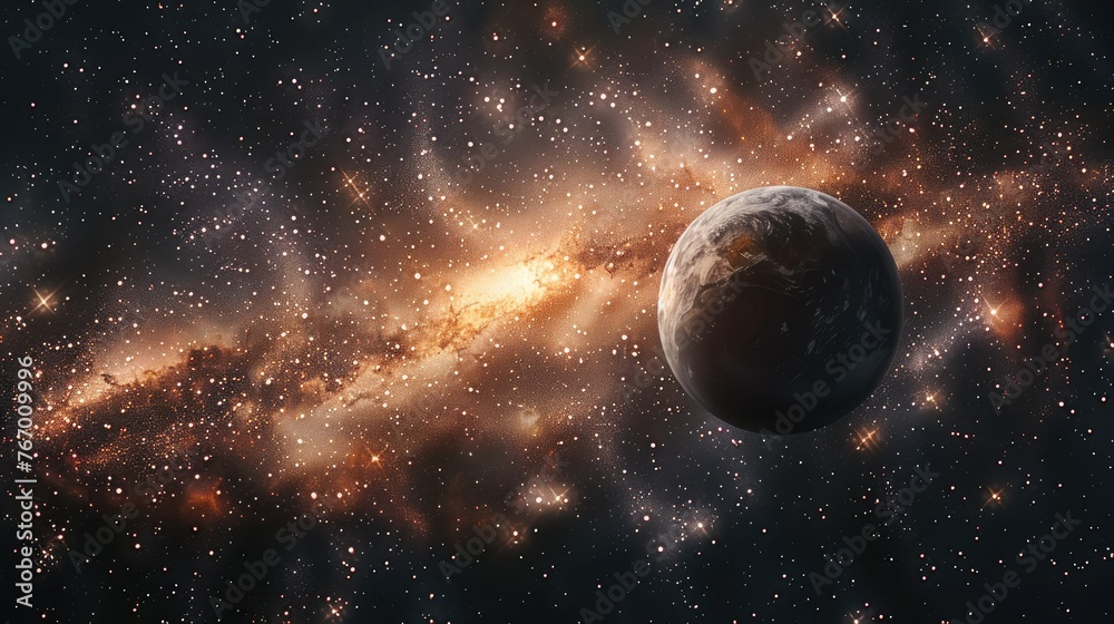 Poster the vast universe, with nebulae in the background, and a planet nearby. generative ai.