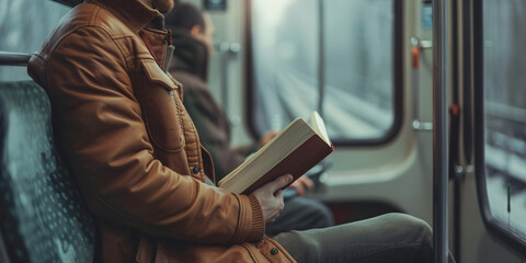 A commuter reading a book during a train journey, finding solace in the world of literature. realistic stock photography