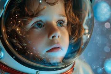 Dreaming child imagines space adventure in astronaut helmet