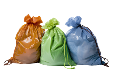 Three Bags of Different Colors Lined Up. On a Clear PNG or White Background.