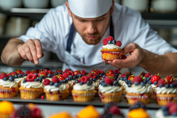 Pastry chef in a white apron decorates cupcakes or muffins with fresh berries