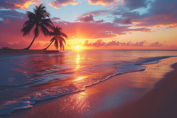 Amazing sunset luxury tropical panorama, beautiful beach background 