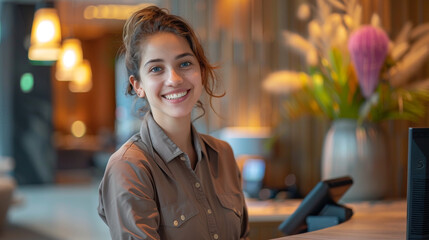 Portrait of a receptionist at a modern hotel desk - Powered by Adobe