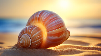Fototapeta na wymiar exploring the mystique of sea shell with coastal symphony of dusk beach background