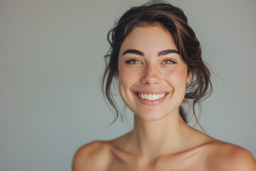 A woman with a smile on her face. She has green eyes and is wearing a ponytail - obrazy, fototapety, plakaty