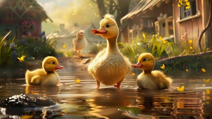 Ducky Delight: Quacks, Waddles, and Flutters Create a Charming Scene - obrazy, fototapety, plakaty