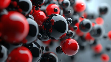 3D rendering of a cluster of glossy black and red spheres of different sizes on a grey background. - obrazy, fototapety, plakaty