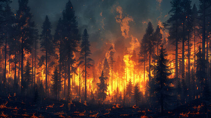 Blaze in coniferous forest at twilight, wildfire scene - obrazy, fototapety, plakaty