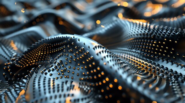 3D rendering of a bumpy metal surface with a glowing yellow light reflecting off of it.