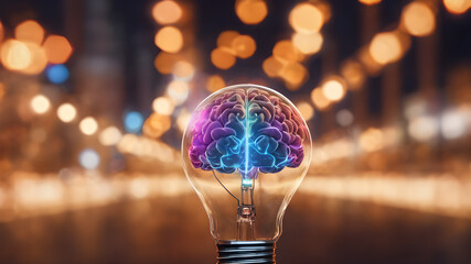 Creative concept of human brain in light bulb. AI generated image. Creative brain Idea and light bulb concept ,Business and education concept